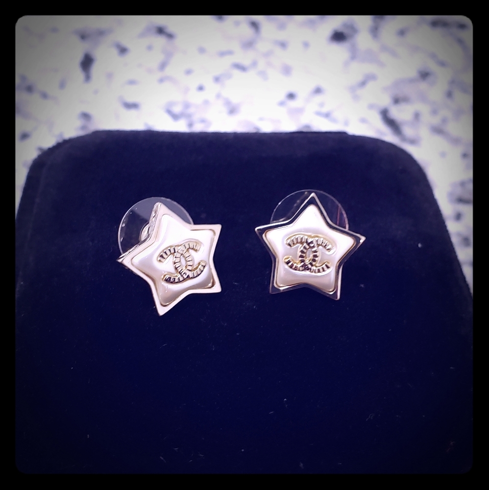 Vintage Coco Chanel enamel star silver earrings